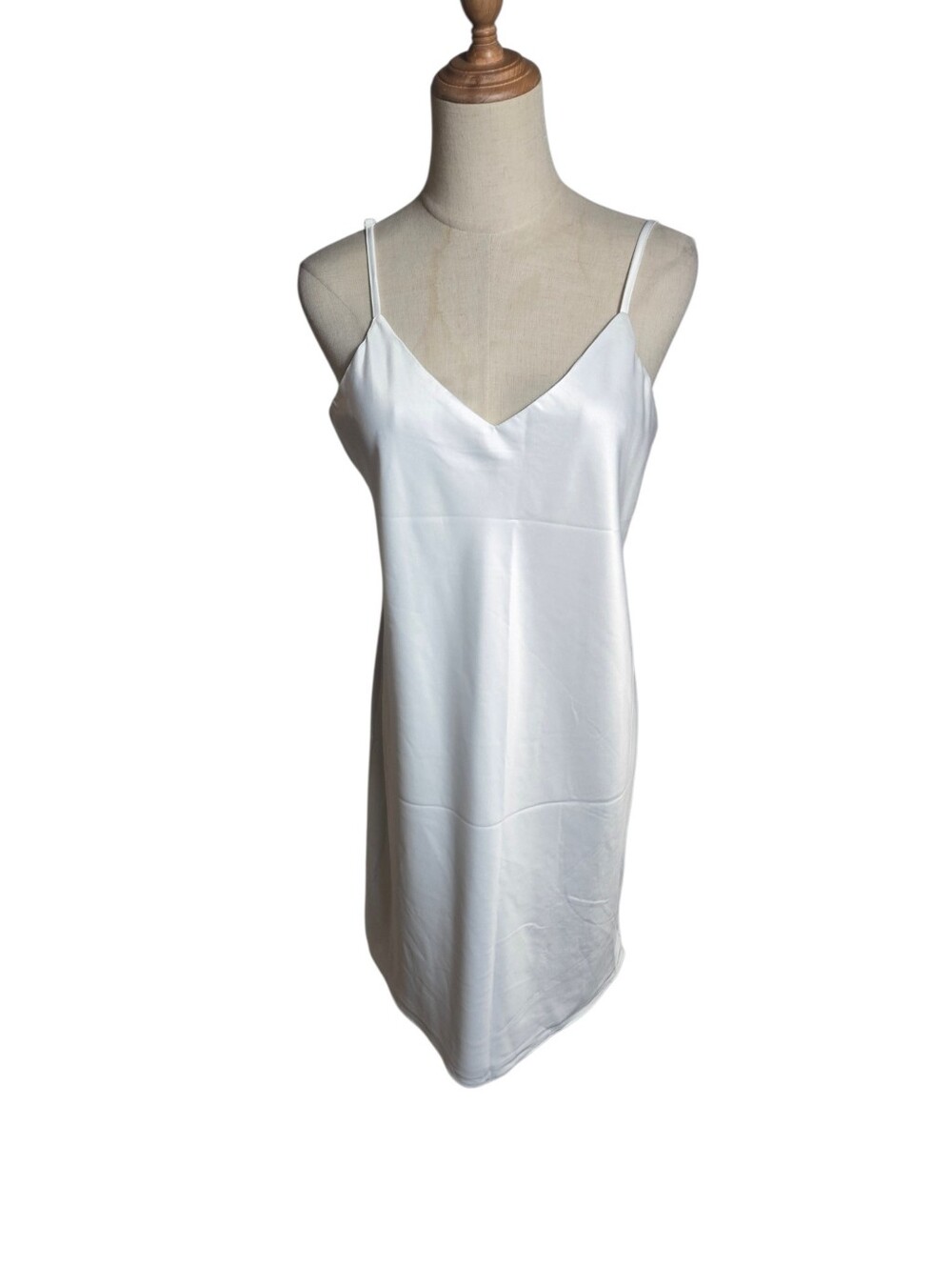 LeRose White Satin Bridal Slip Dress Nightiewith Spaghetti Straps